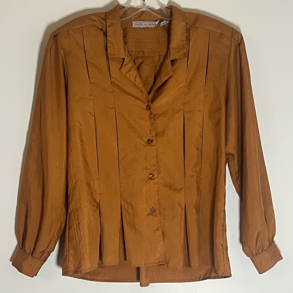 Laura and Jayne Womens 6 Orange Copper Pleated Button Up Blouse Vintage Jacket S